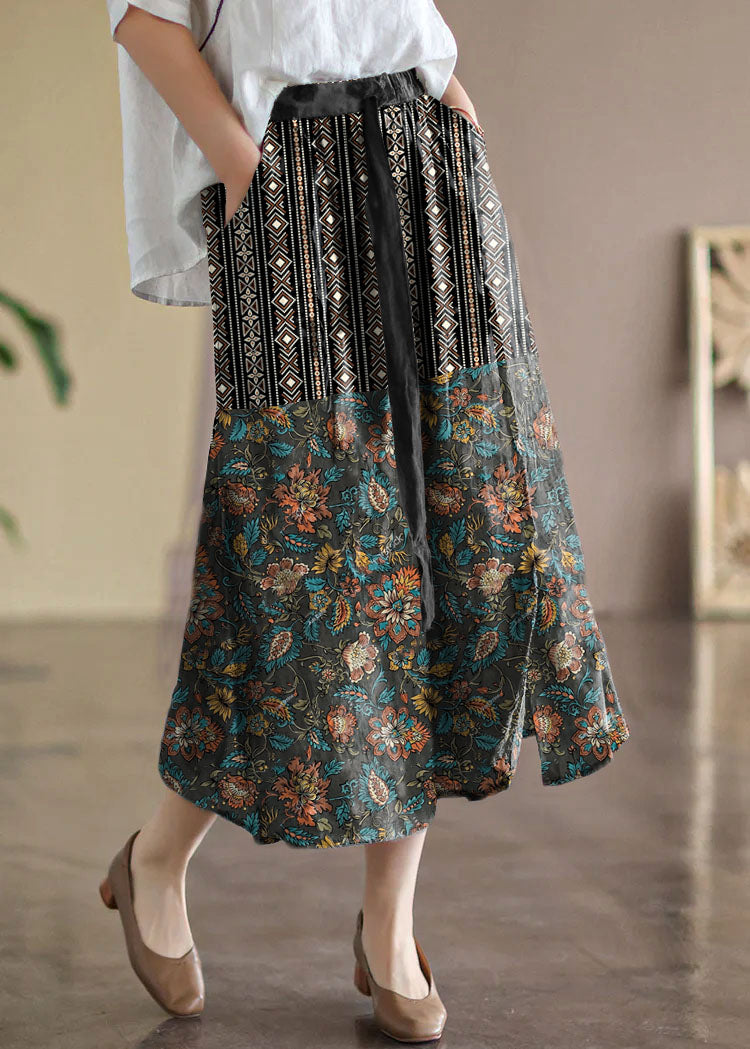 Bohemian Khaki Elastic Waist Print Linen Skirts Summer
