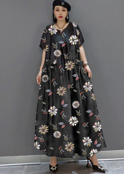 loose black-hem flower O-Neck Print Satin Maxi Dress Summer