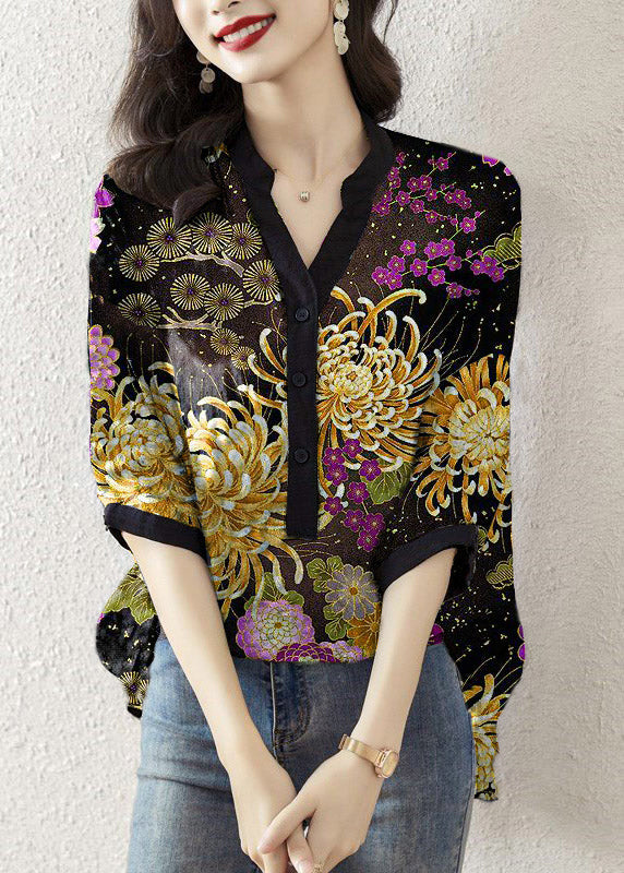 Plus Size Black V Neck Print Button Silk Top Half Sleeve
