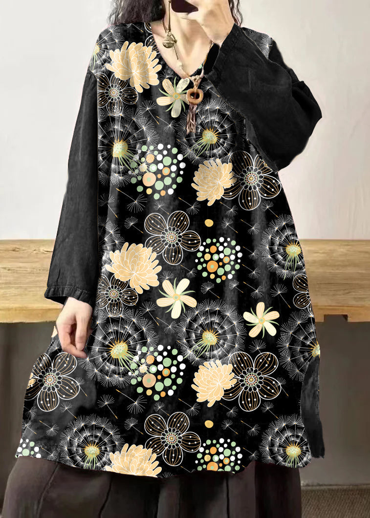 Vintage Black flower V Neck Embroidered Patchwork Linen Mid Dresses Fall