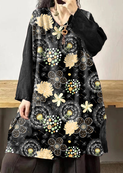 Vintage Black flower V Neck Embroidered Patchwork Linen Mid Dresses Fall