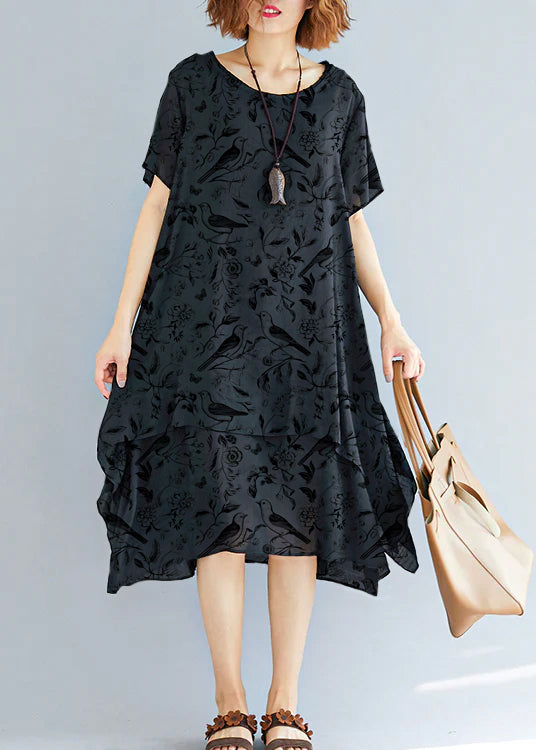 Vivid black flowers and birds linen-cotton tunics for women plus size Fabrics o neck asymmetric oversized Summer Dress