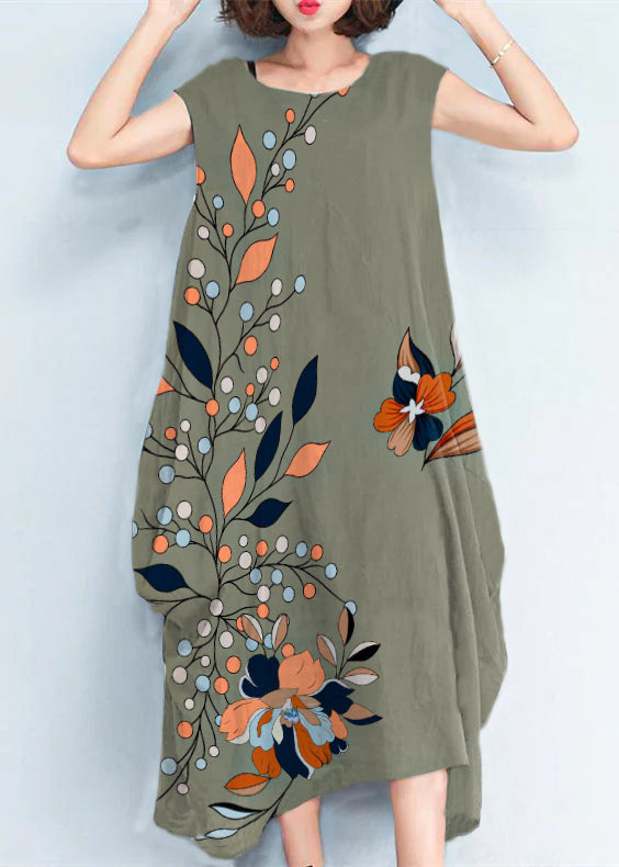2025 Green Flowers natural cotton polyester dress oversize sleeveless traveling dress Elegant kaftans