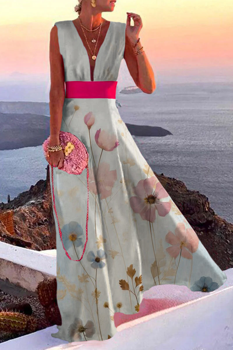 Fashion Simplicity White flowers Split Joint V Neck A Line Dresses