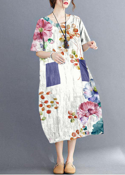 Stylish White flowers O Neck Plaid Maxi Dresses Cotton Linen Summer