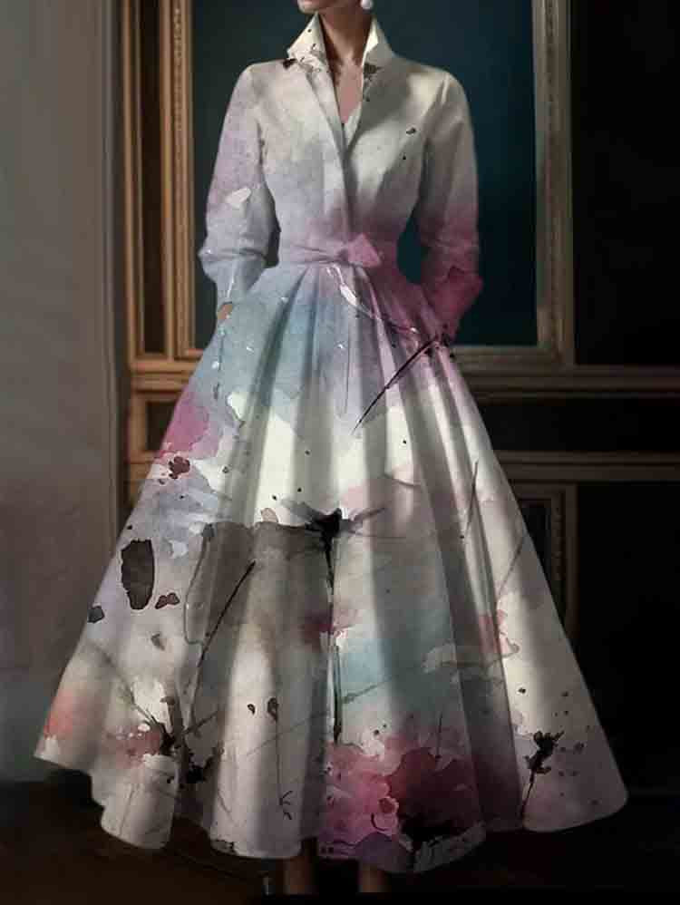 Plus Size Simple White flowers Stand Collar Midi Shirt Dress