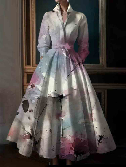 Plus Size Simple White flowers Stand Collar Midi Shirt Dress