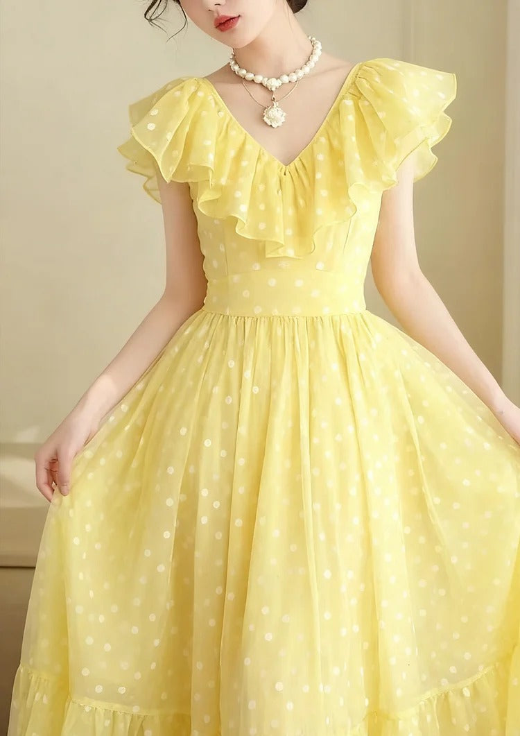 Stylish Yellow V Neck Ruffled Print Chiffon Long Dress Summer