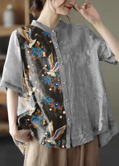 Elegant Colorful geometry Stand Collar Print Tops Half Sleeve