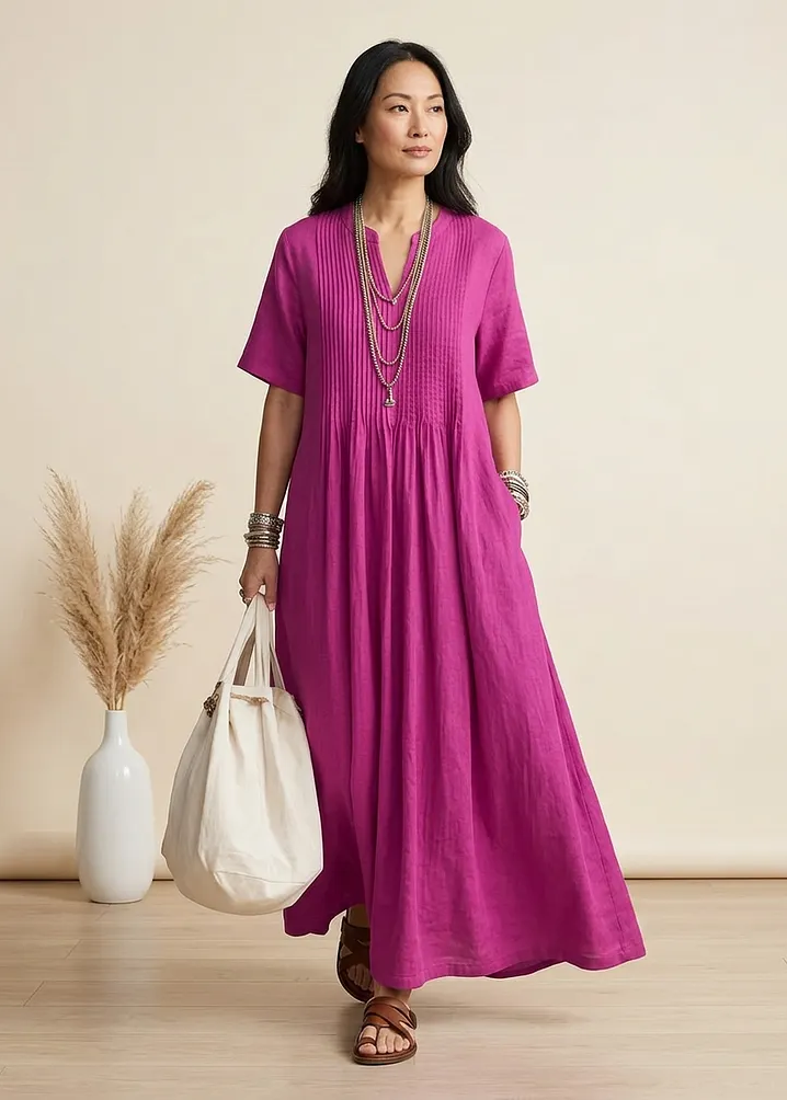 Plus Size Rose V Neck Pockets Cotton Long Dress Summer