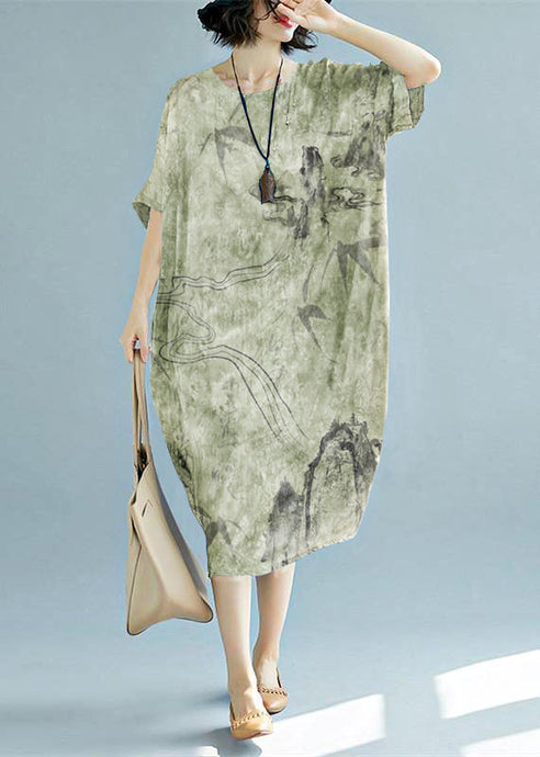2019 green long linen dress plus size O neck floral linen clothing dresses casual short sleeve baggy dresses linen caftans