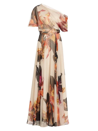 French Sky Blue Asymmetrical Print Chiffon Long Dresses Summer