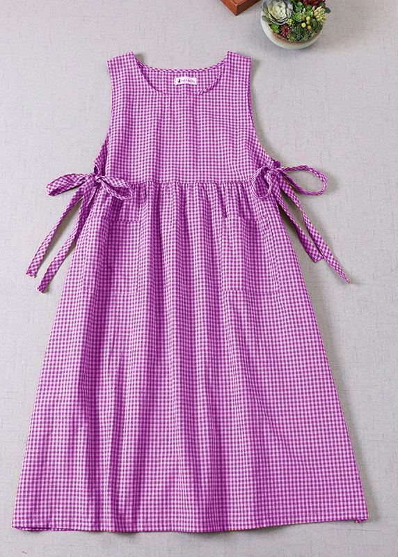 Natural Purple Cinched Plaid Party Dress Spring