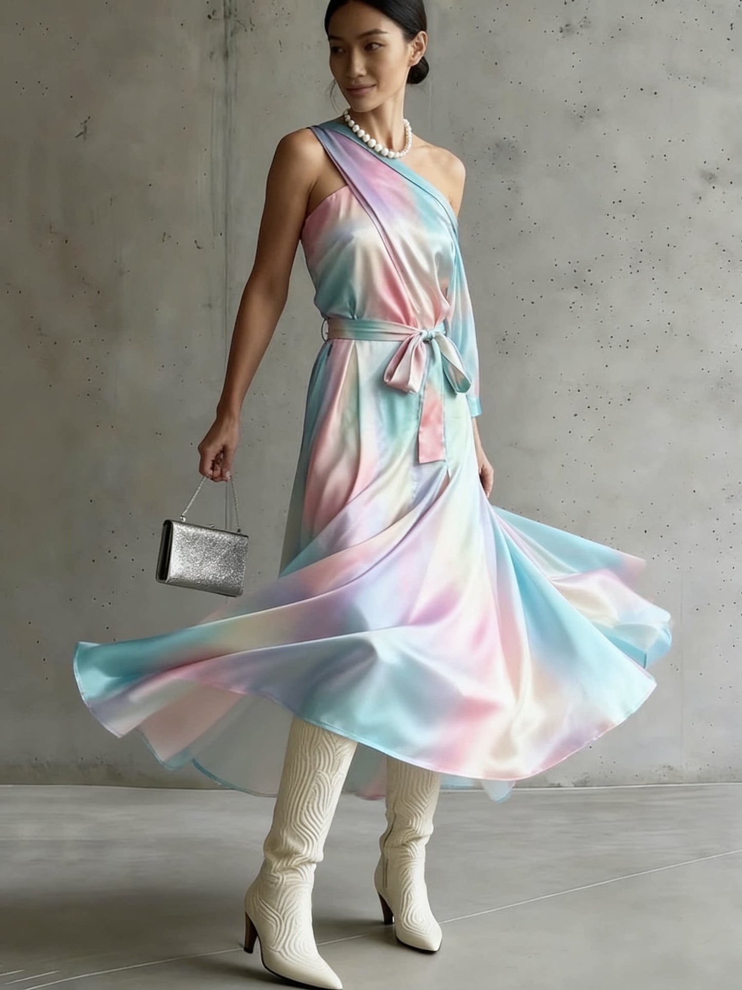 Fashion Rainbow Asymmetrical Patchwork Silk Maxi Dress Summer