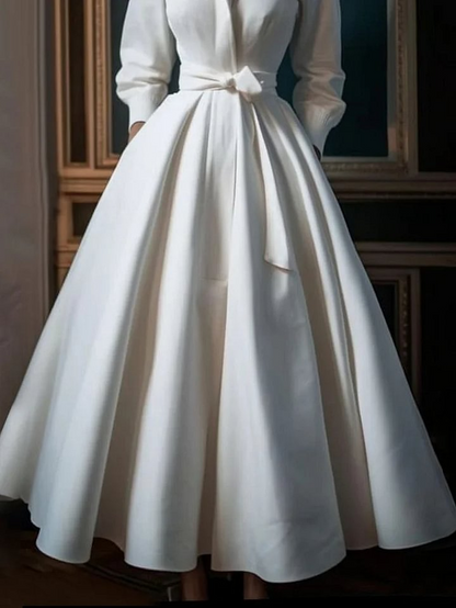 Plus Size Simple White flowers Stand Collar Midi Shirt Dress