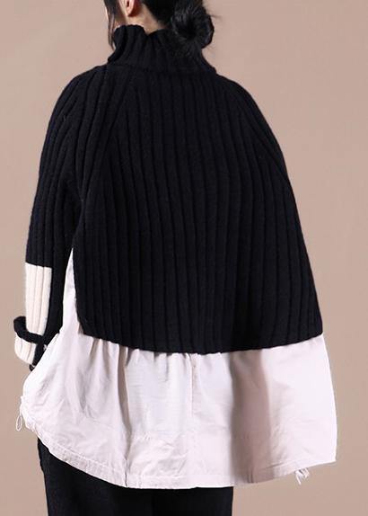 Aesthetic Black Top High Neck Patchwork Plus Size Clothing Spring Knitted Blouse - SooLinen