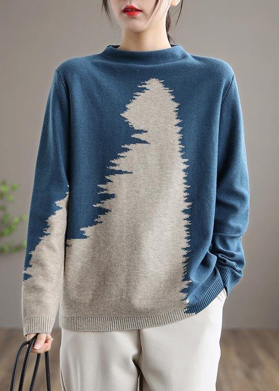 Aesthetic Blue Knitted Pullover O Neck Plus Size Knit Sweat Tops - SooLinen