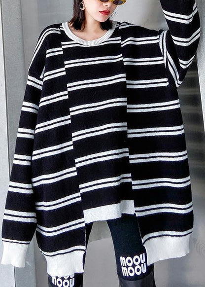 Aesthetic asymmetric patchwork black knitwear plus size clothing spring knitted pullover - SooLinen