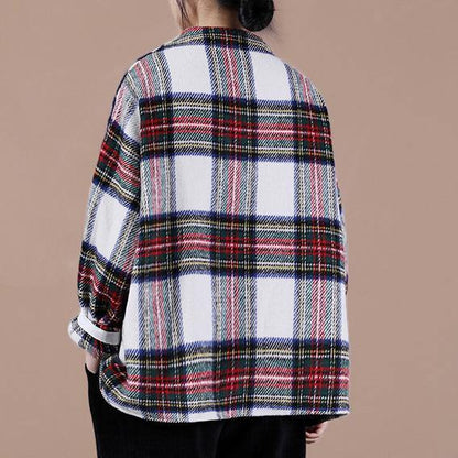Aesthetic beige plaid sweater tops o neck false two pieces casual knit sweat tops - SooLinen