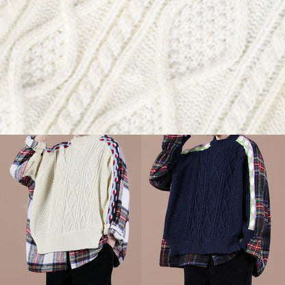 Aesthetic beige plaid sweater tops o neck false two pieces casual knit sweat tops - SooLinen