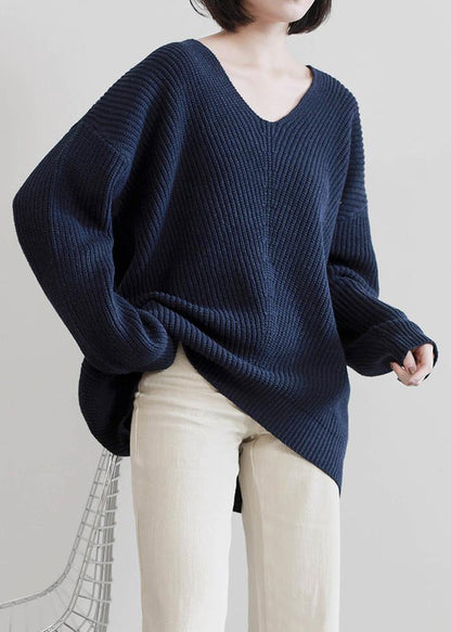 Aesthetic dark blue sweater tops v neck Batwing Sleeve casual knit tops - SooLinen