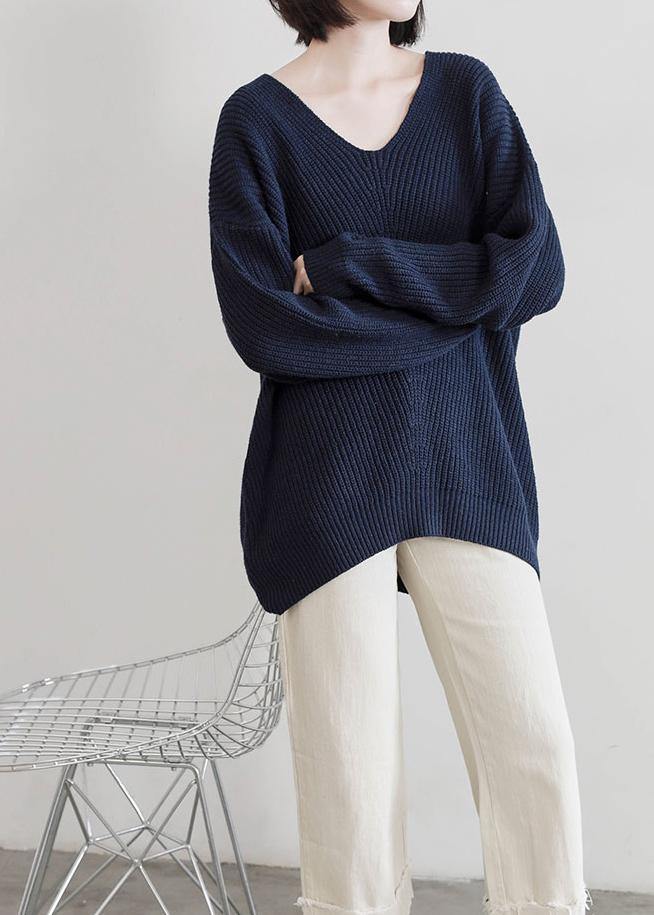 Aesthetic dark blue sweater tops v neck Batwing Sleeve casual knit tops - SooLinen
