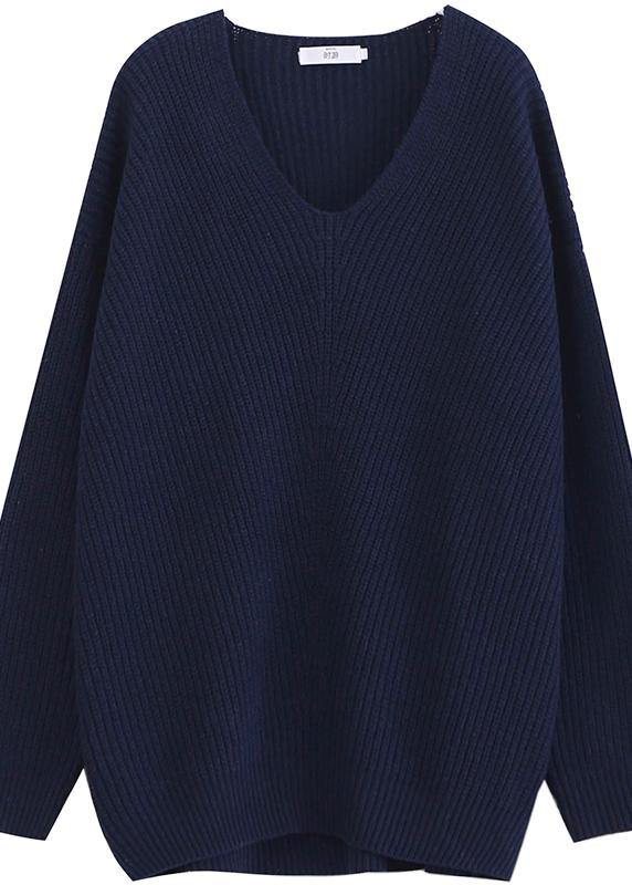 Aesthetic dark blue sweater tops v neck Batwing Sleeve casual knit tops - SooLinen
