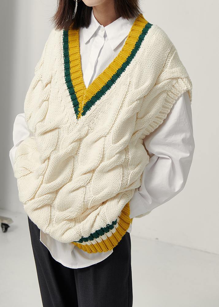 Aesthetic fall beige knitted blouse oversize v neck sleeveless knit tops - SooLinen