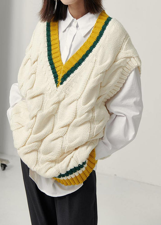 Aesthetic fall beige knitted blouse oversize v neck sleeveless knit tops - SooLinen