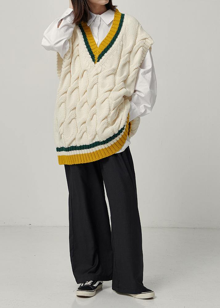 Aesthetic fall beige knitted blouse oversize v neck sleeveless knit tops - SooLinen