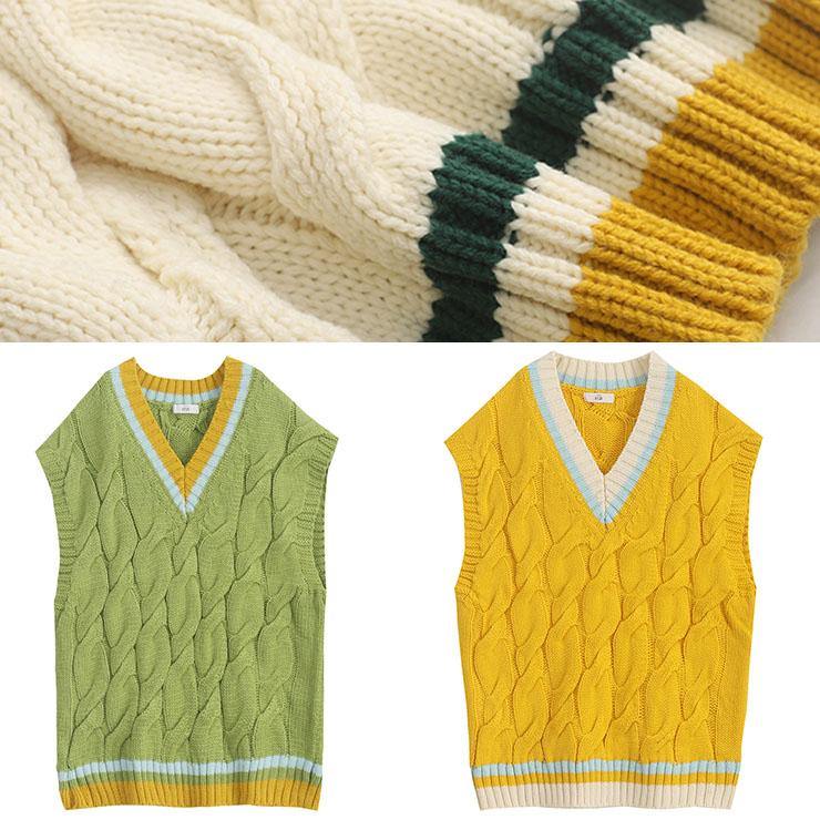 Aesthetic fall beige knitted blouse oversize v neck sleeveless knit tops - SooLinen