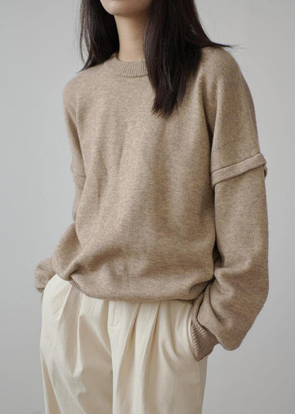 Aesthetic Fall Khaki Knit Sweat Tops Plus Size Clothing O Neck Cinched Sweater Blouse - SooLinen