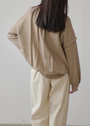 Aesthetic Fall Khaki Knit Sweat Tops Plus Size Clothing O Neck Cinched Sweater Blouse - SooLinen