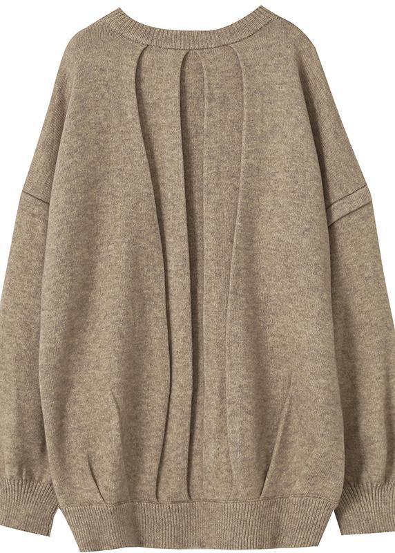 Aesthetic Fall Khaki Knit Sweat Tops Plus Size Clothing O Neck Cinched Sweater Blouse - SooLinen