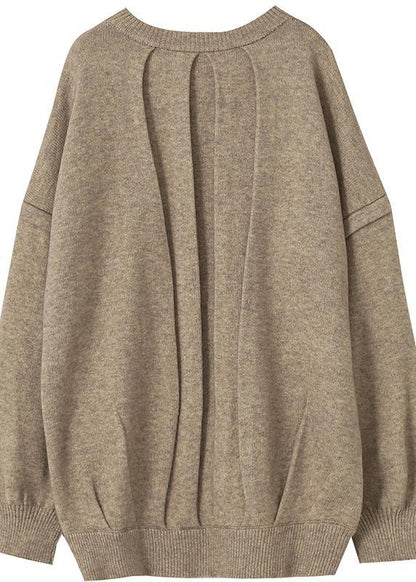 Aesthetic Fall Khaki Knit Sweat Tops Plus Size Clothing O Neck Cinched Sweater Blouse - SooLinen