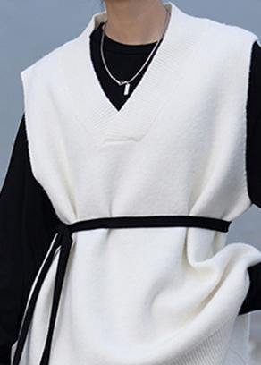 Aesthetic fall white knit sweat tops oversized v neck low high design tops - SooLinen