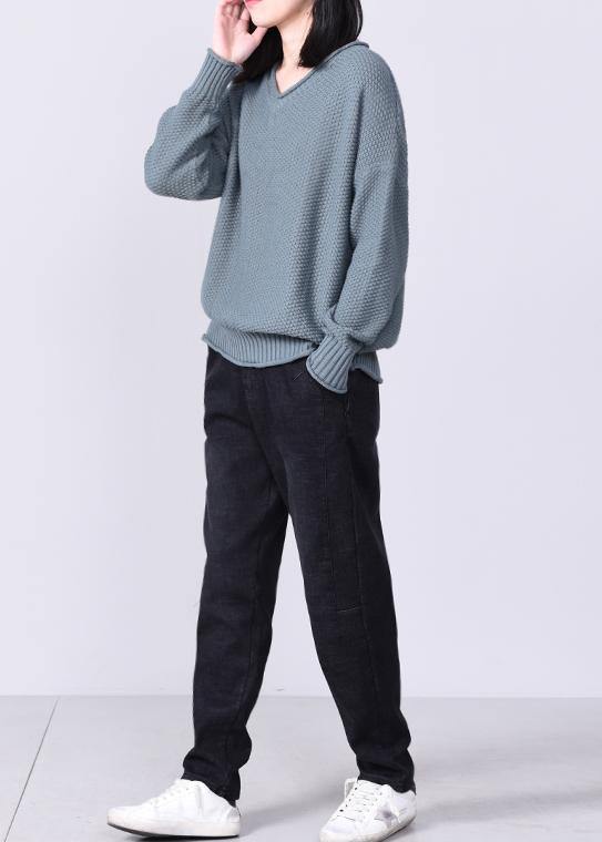 Aesthetic gray blue knit pullover oversized v neck sweaters autumn - SooLinen