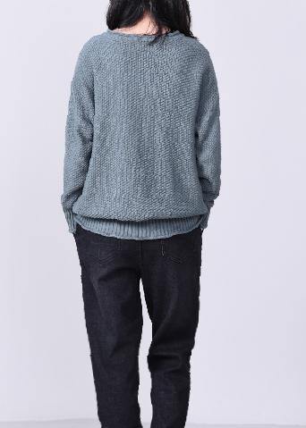 Aesthetic gray blue knit pullover oversized v neck sweaters autumn - SooLinen