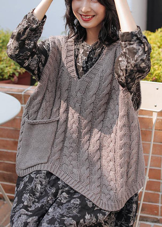 Aesthetic gray clothes v neck sleeveless oversized knitwear - SooLinen