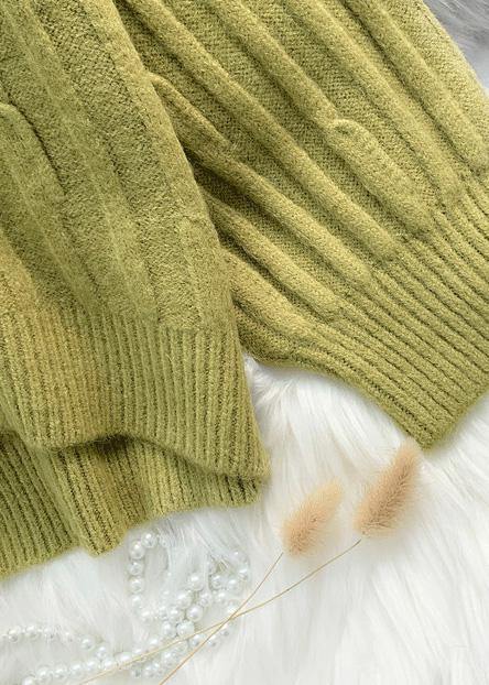 Aesthetic green Blouse cable casual high neck knitwear - SooLinen