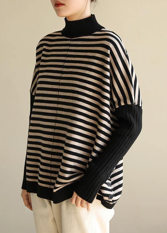 Aesthetic half high neck striped knit tops Loose fitting patchwork box top - SooLinen