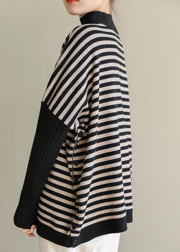 Aesthetic half high neck striped knit tops Loose fitting patchwork box top - SooLinen