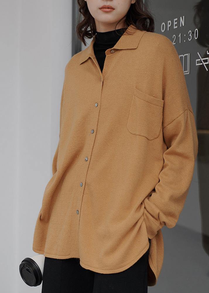 Aesthetic khaki knit top silhouette trendy plus size lapel collar knitwear fall - SooLinen