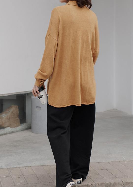 Aesthetic khaki knit top silhouette trendy plus size lapel collar knitwear fall - SooLinen