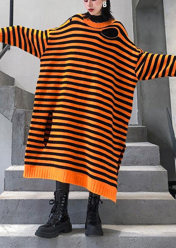 Aesthetic o neck Hole Sweater fall dress DIY orange striped daily knitted dress - SooLinen