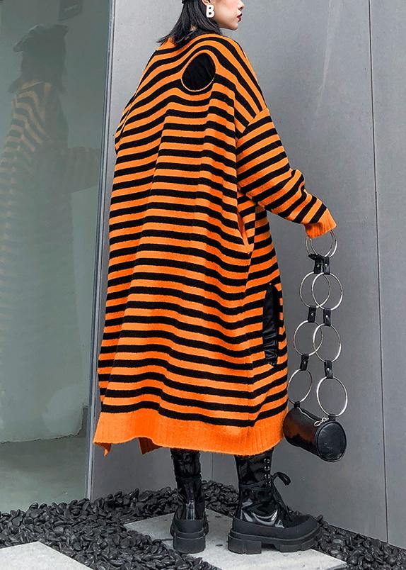 Aesthetic o neck Hole Sweater fall dress DIY orange striped daily knitted dress - SooLinen
