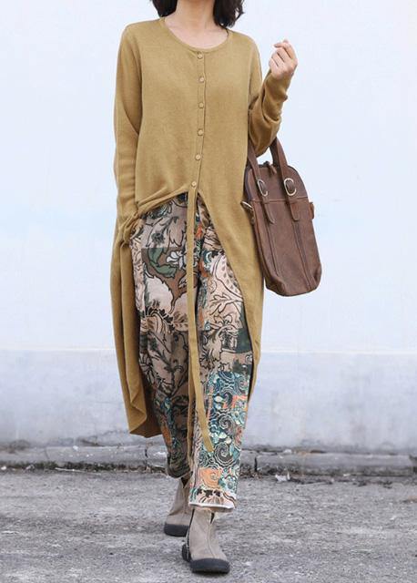 Aesthetic o neck knit outwear oversize yellow asymmetric knitted jackets - SooLinen