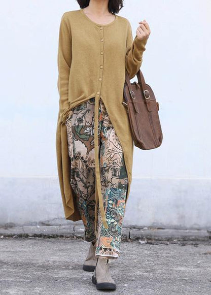 Aesthetic o neck knit outwear oversize yellow asymmetric knitted jackets - SooLinen