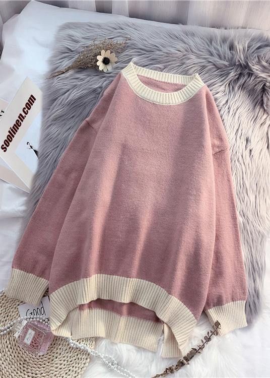 Aesthetic o neck patchwork knitted blouse oversized low high design Sweater Blouse - SooLinen