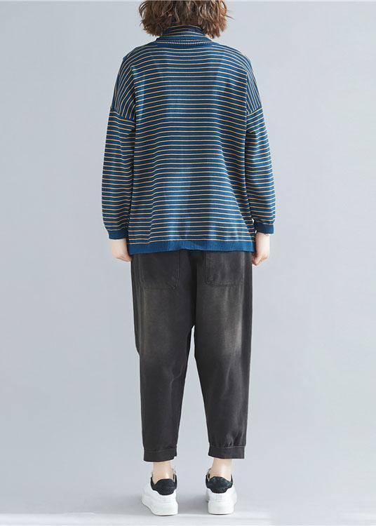 Aesthetic spring blue striped knit tops plus size clothing high neck clothes For Women - SooLinen
